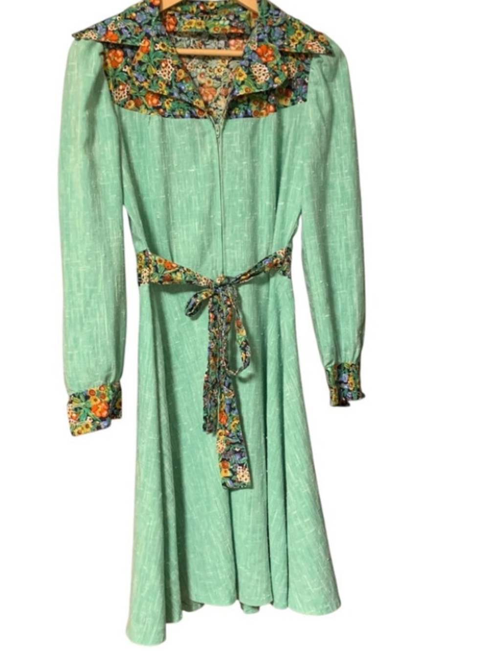 Vintage 60s 70s Boho Dress S Pionty Collar Long Sleeve Polyester Hippie Disco